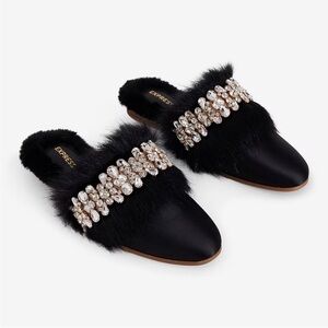 Express Black Satin Faux-Fur Slide Mules with Crystal Embellishment